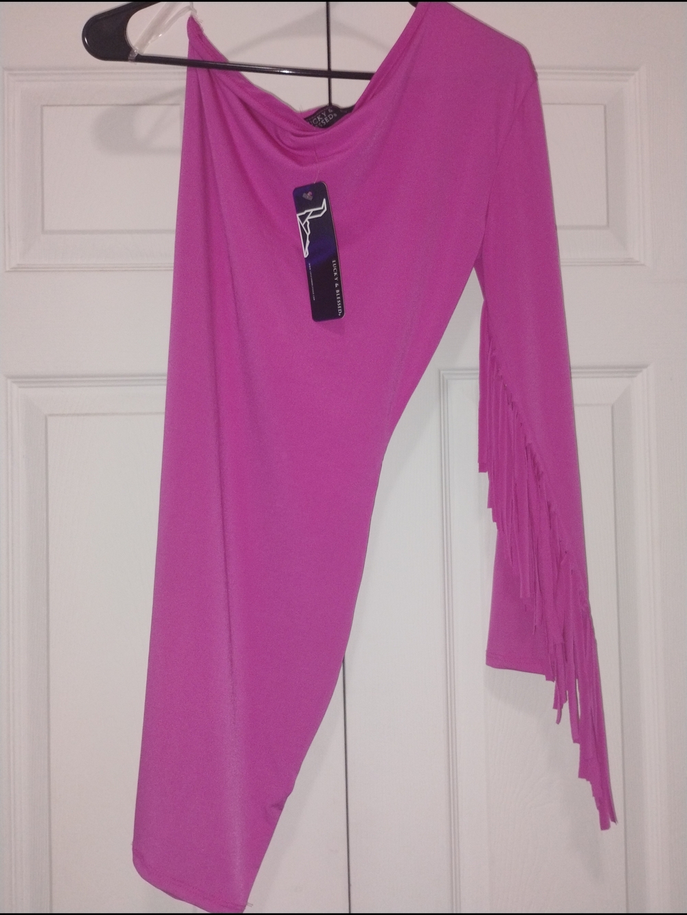 Lucky And Blessed One-Shoulder Pink Fringe Sleeve Dress Size Small New W Tags